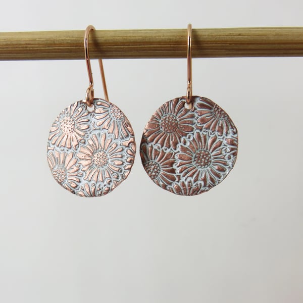 Enamel and Repeated Daisy Textured Copper Dangle Earrings