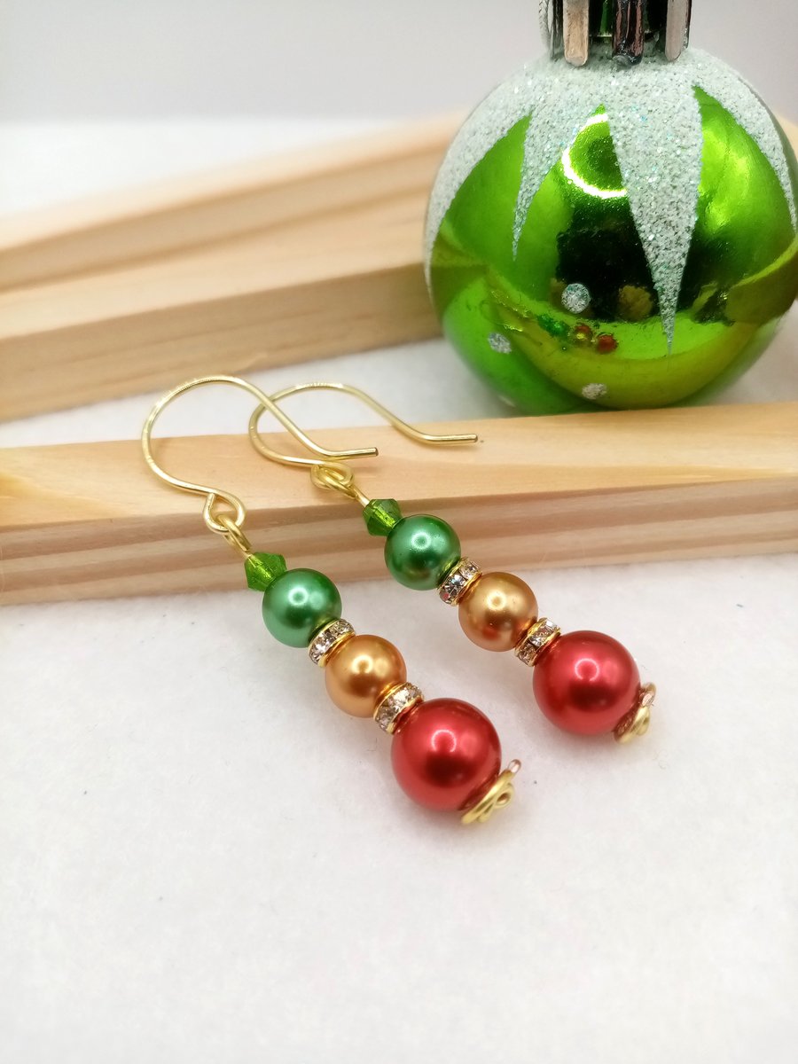 Christmas Bauble Inspired Earrings, Red-Green-Gold Pearl Drop Earrings, Pearls