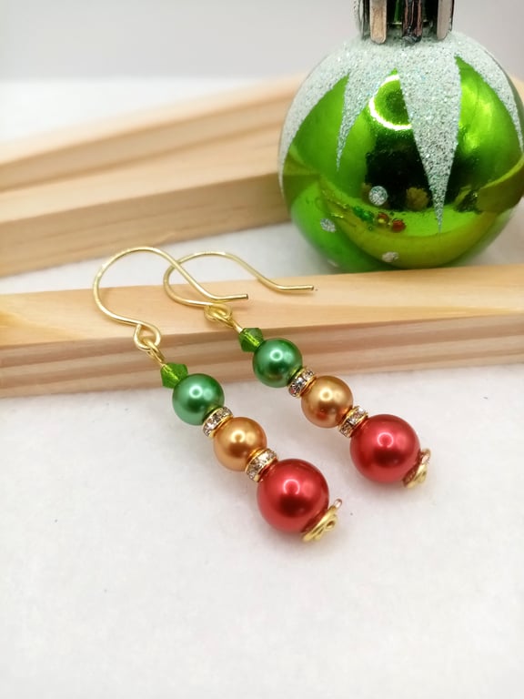 Christmas Bauble Inspired Earrings, Red-Green-Gold Pearl Drop Earrings, Pearls