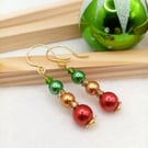 Christmas Bauble Inspired Earrings, Red-Green-Gold Pearl Drop Earrings, Pearls