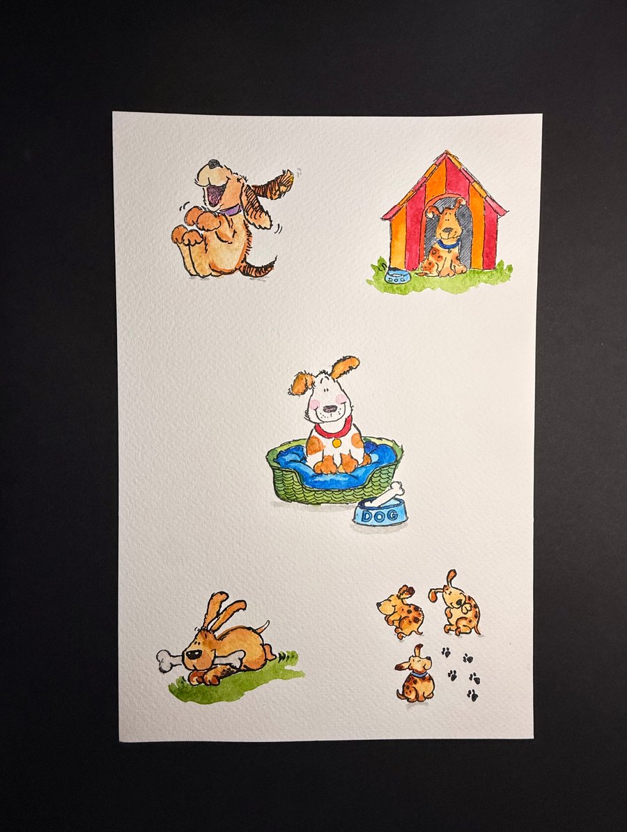 A4 card topper page using Penny Black stamps - Five dog illustrations