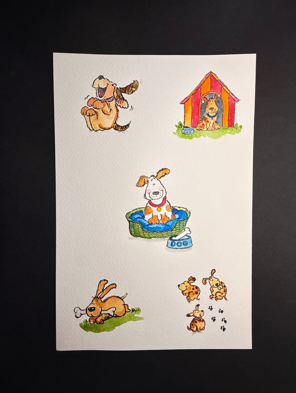 A4 card topper page using Penny Black stamps - Five dog illustrations