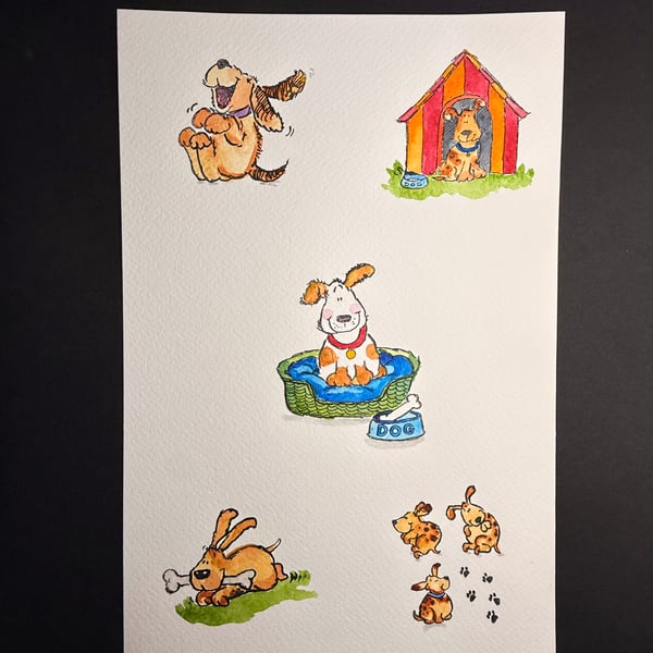 A4 card topper page using Penny Black stamps - Five dog illustrations
