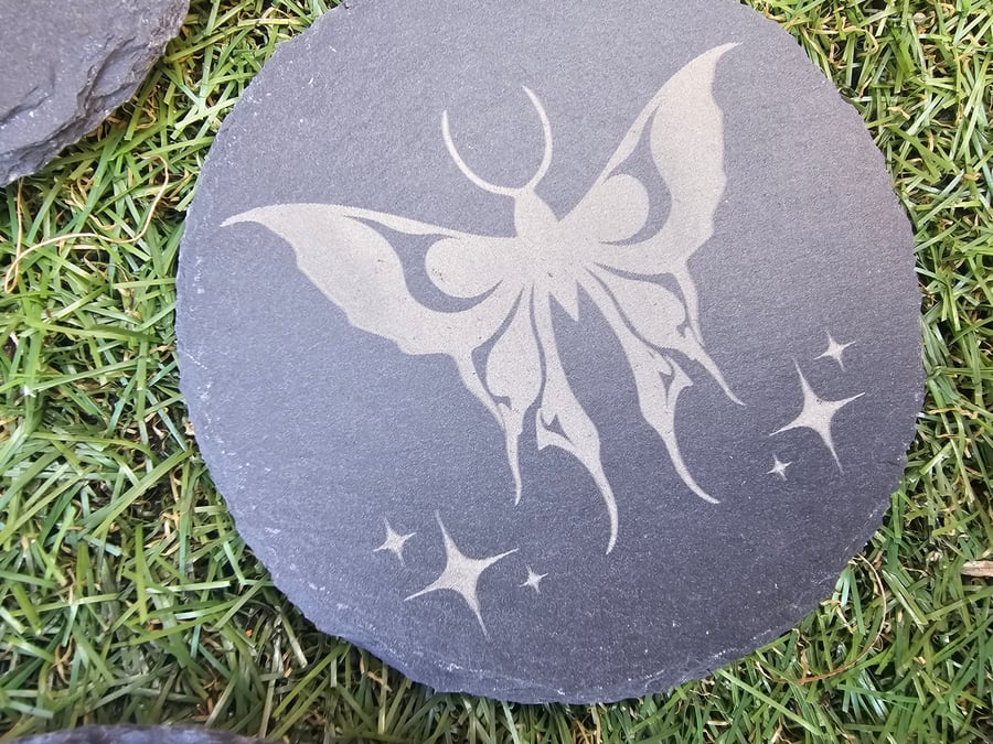 Mystical moth or butterfly design black slate coaster, coasters