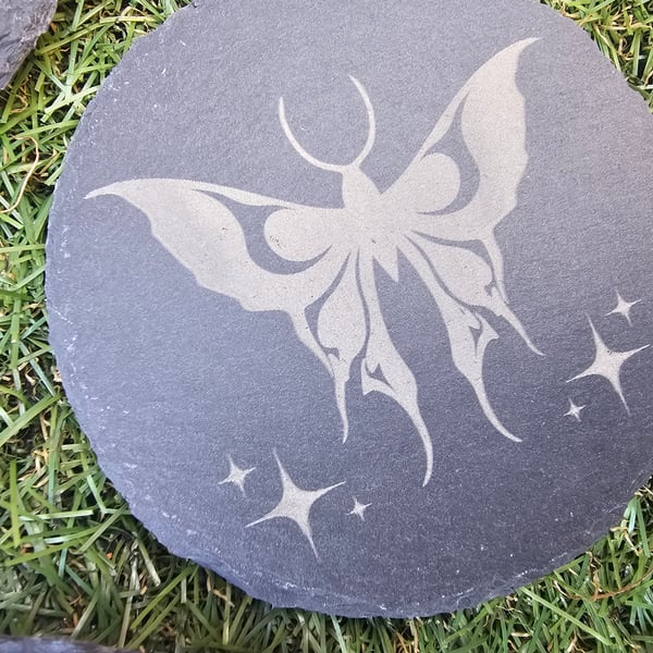 Mystical moth or butterfly design black slate coaster, coasters