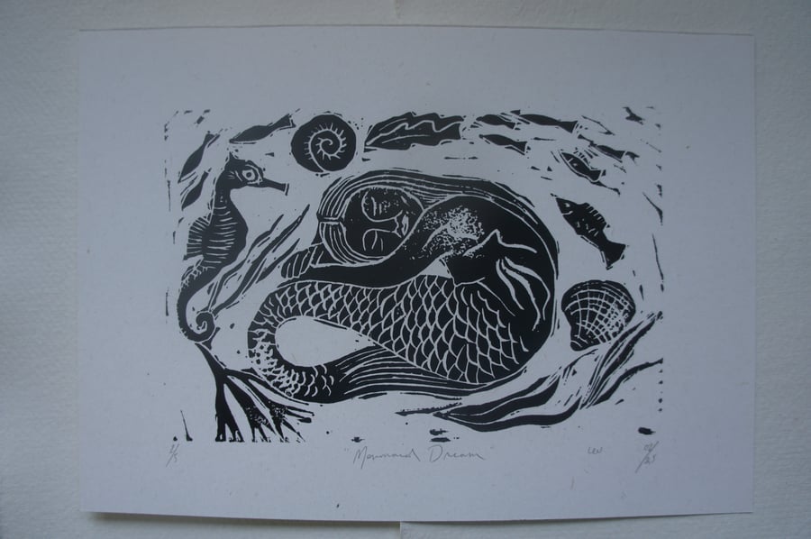 Perfectly Imperfect Mermaid Linocut Print 3