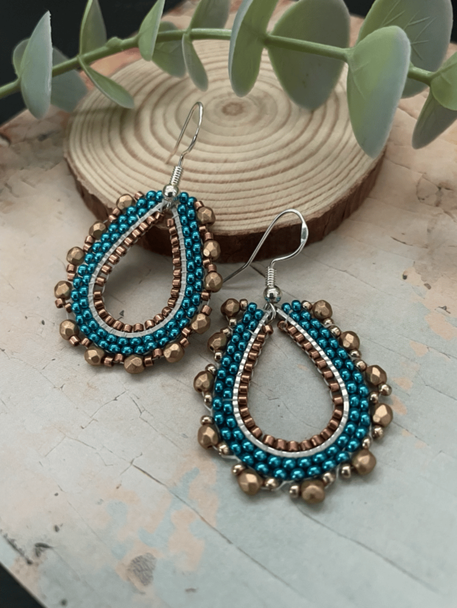 Tear drop earrings, Pretty turquoise and gold teardrop beaded earrings 