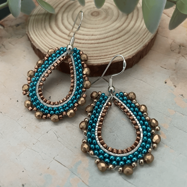 Tear drop earrings, Pretty turquoise and gold teardrop beaded earrings 
