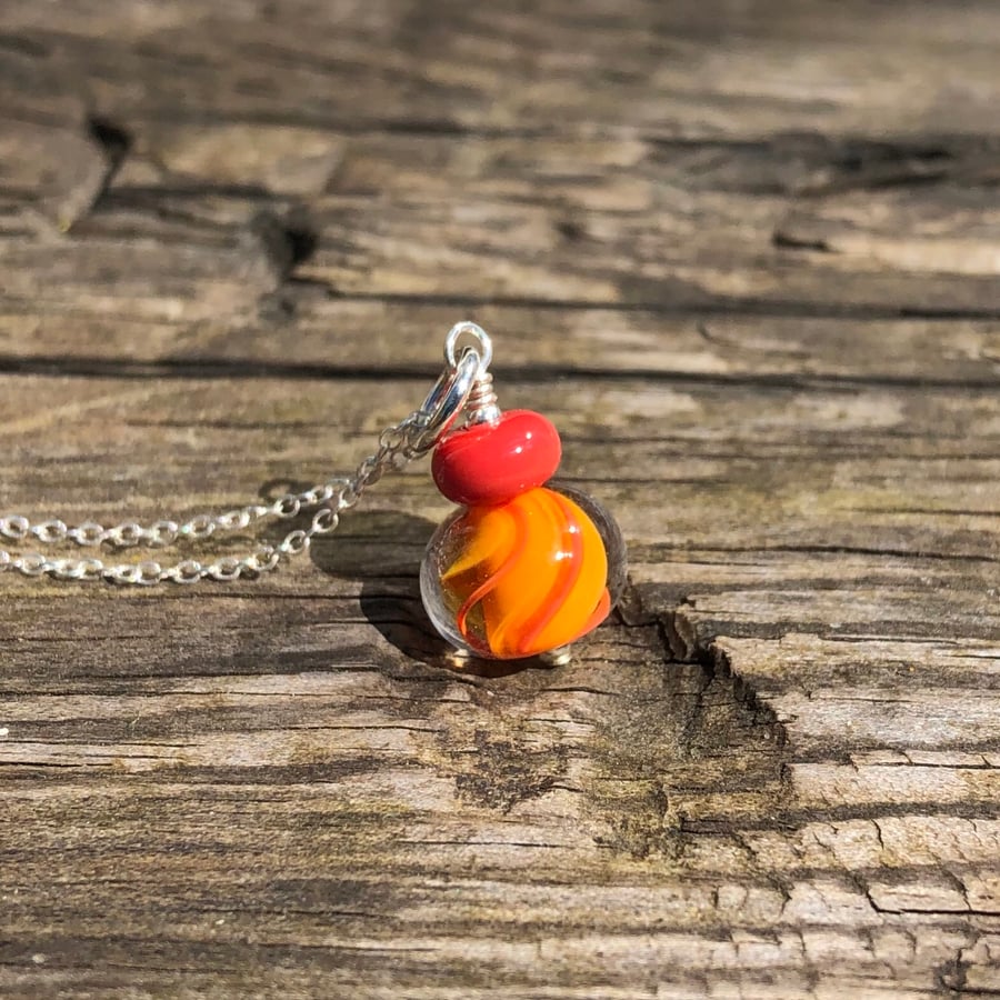 Orange swirl lampwork glass pendant & sterling silver necklace  