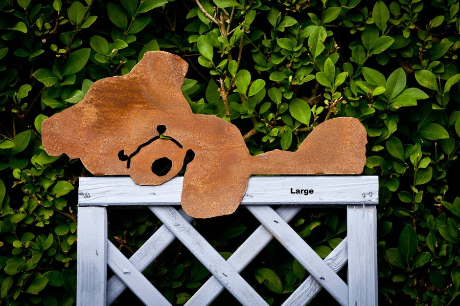 Large Metal Teddy Bear Fence Ornament, Rusty Garden Wall Art, Garden Gift