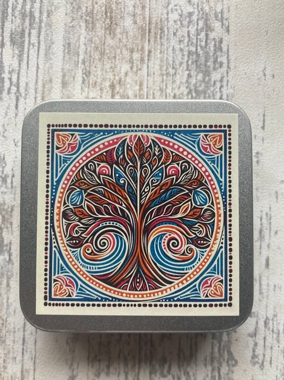 Tree storage tin square for buttons, stitch markers, beads, knitting and sewing