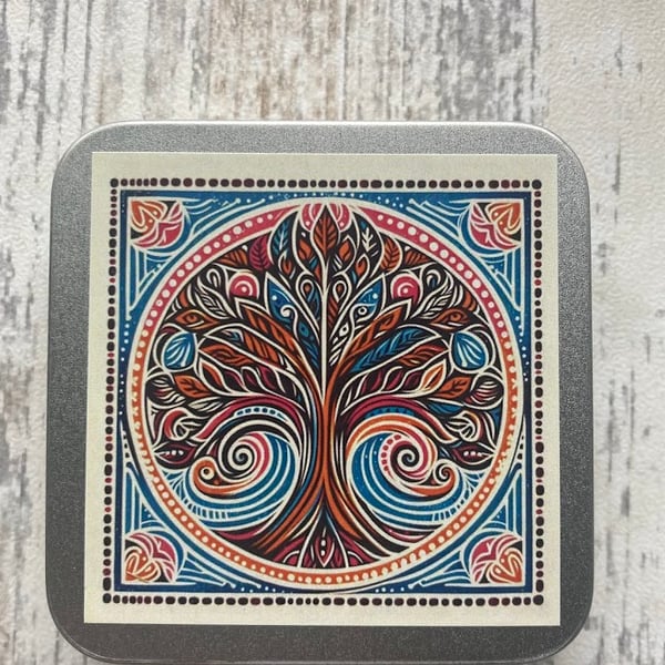 Tree storage tin square for buttons, stitch markers, beads, knitting and sewing