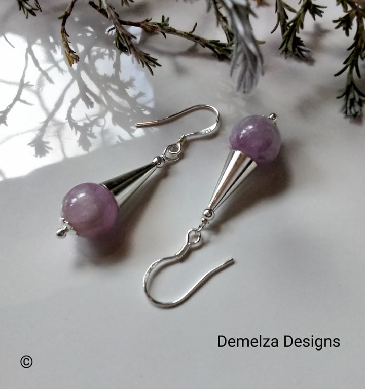 Designer Natural Kunzite Sterling  Silver Coned Earrings