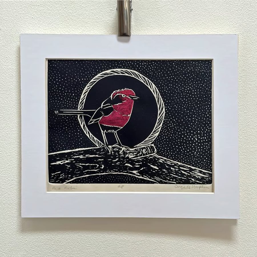 Festive Red Robin Hand Printed Linocut with Pearlised Watercolour