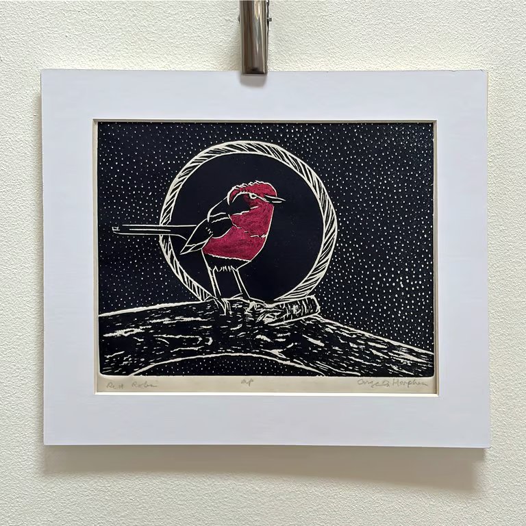 Festive Red Robin Hand Printed Linocut with Pearlised Watercolour