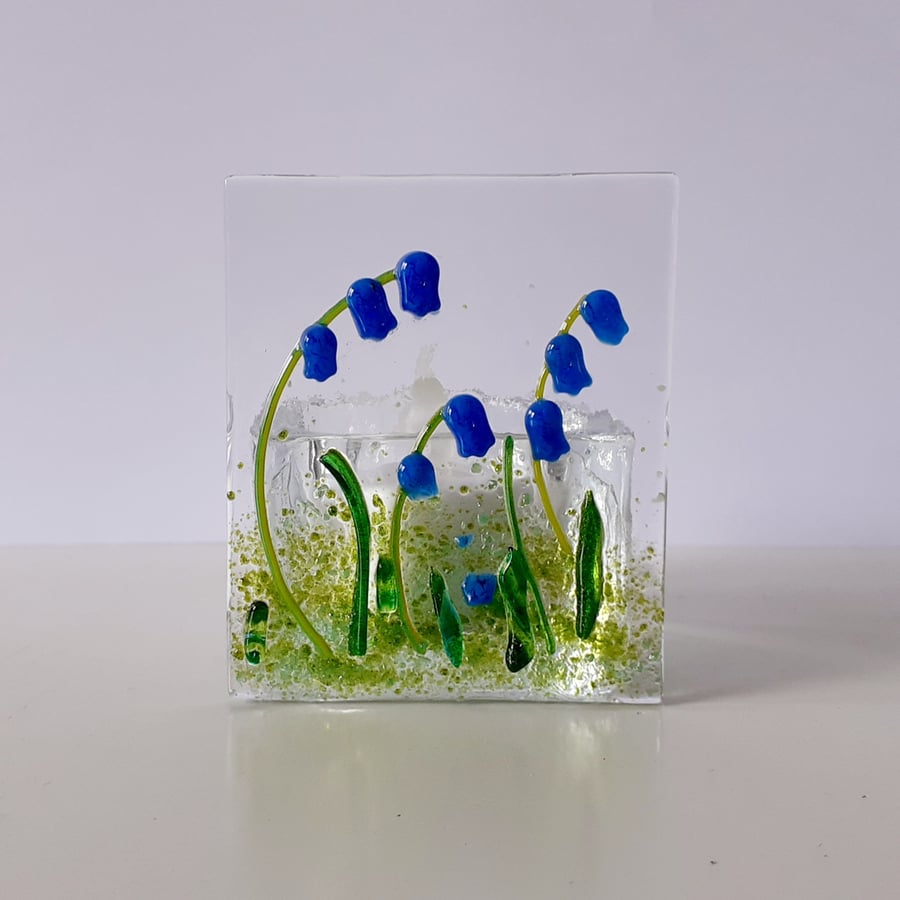 Fused glass tealight candle holder panel, bluebells