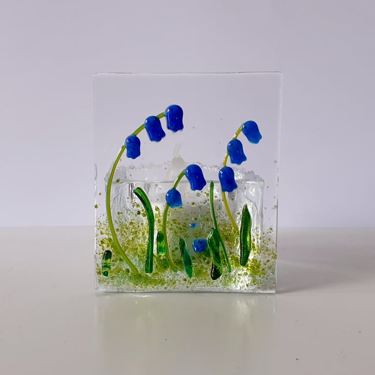 Fused glass tealight candle holder panel, bluebells