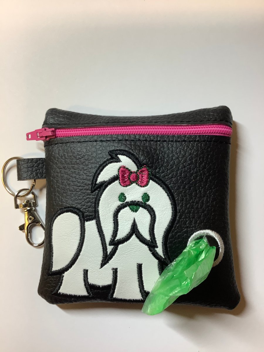  Maltese  Embroidered Black faux leather dog Waste bag dispenser ,Poo bag holder