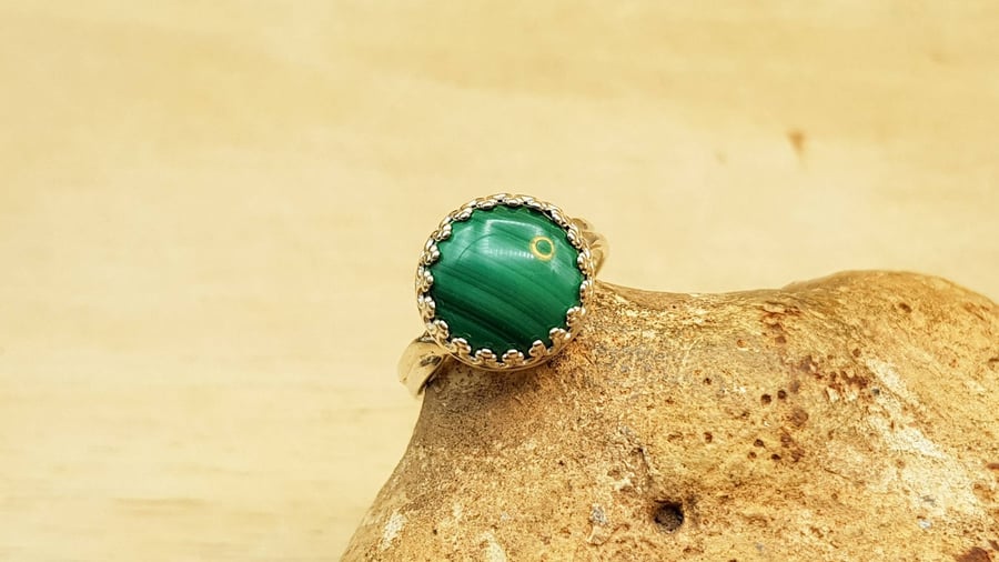 Adjustable Green Malachite ring. 925 sterling silver rings for women