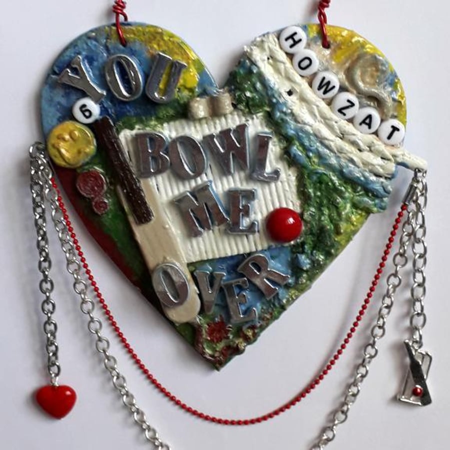 Mixed Media Cricket Themed Hanging Heart 