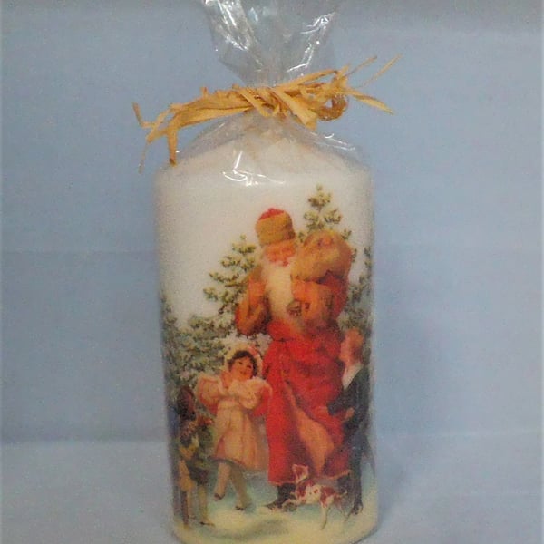 Decorated Candle Vintage Father Christmas Santa Children Napkin Decoupage 