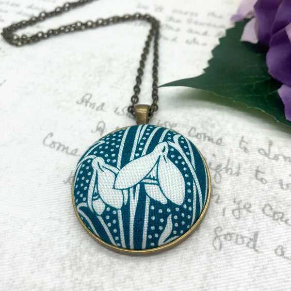 Snowdrop fabric button pendant teal and white Liberty print spring gifts for her