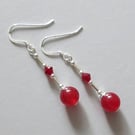 Red Jade Gemstone Earrings With Premium Crystals & Sterling Silver Tubes