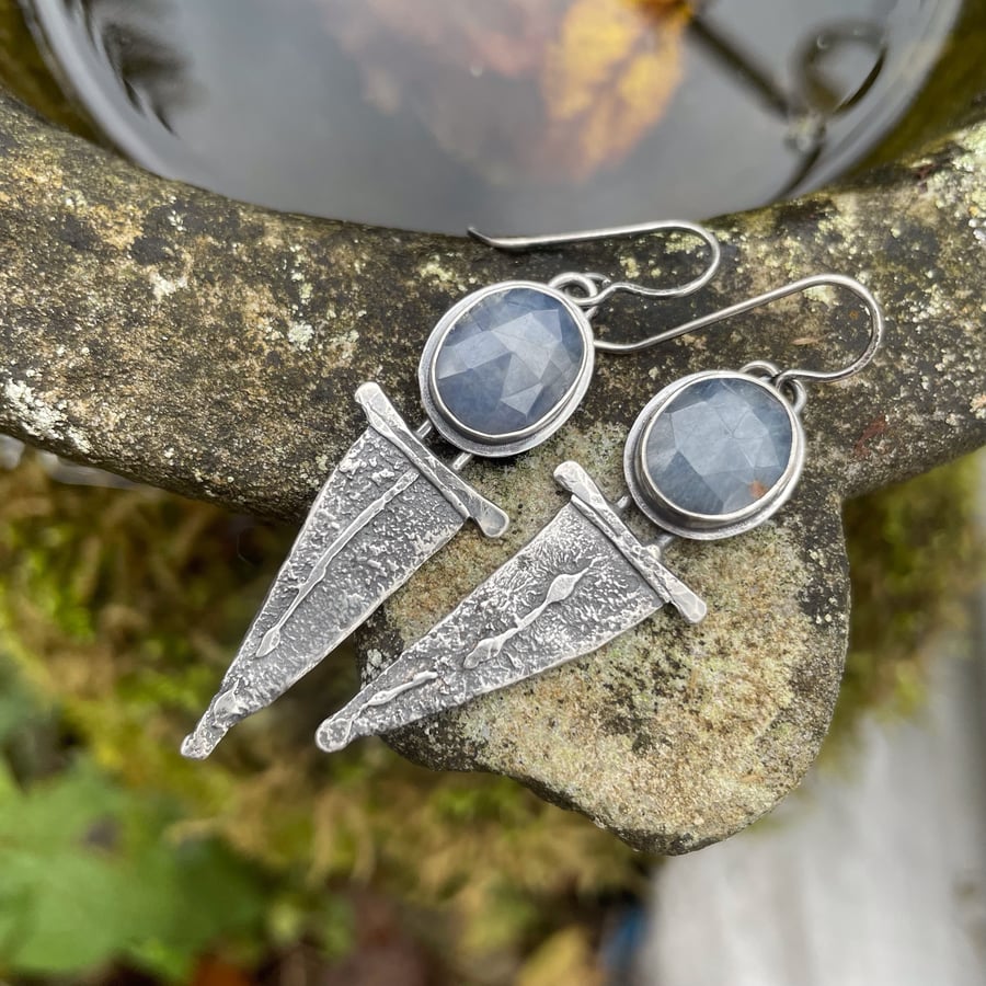 Silver and sapphire long earrings