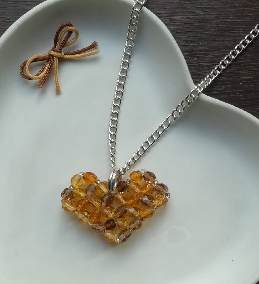 Woven Heart Pendant necklace in Topaz colour Czech crystals