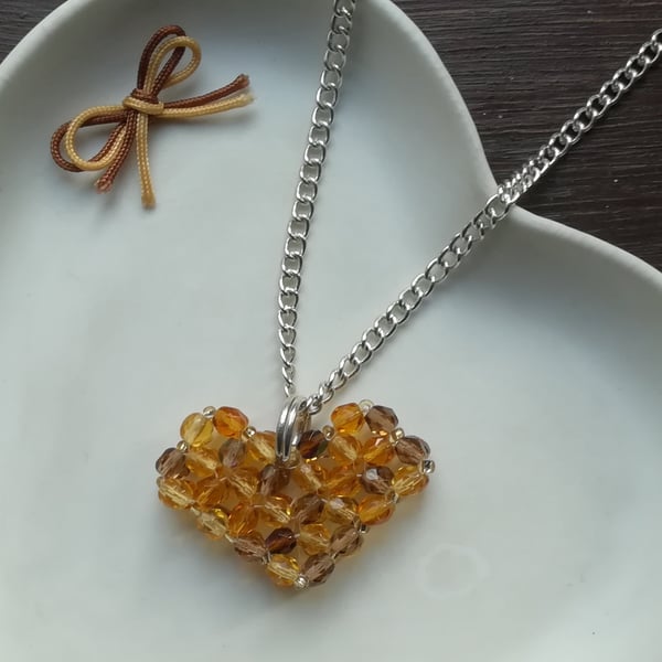 Woven Heart Pendant necklace in Topaz colour Czech crystals
