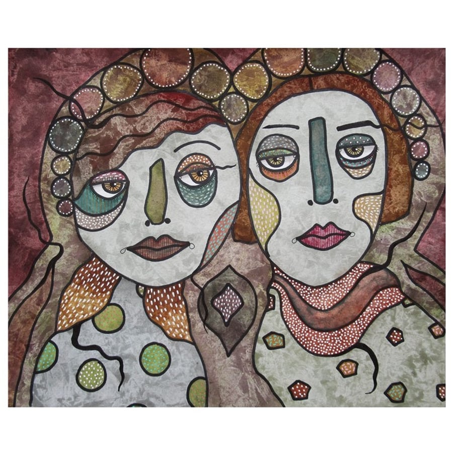 Folk Art Portrait Painting Abstract Faces Brown Grey Quirky Figures Boho Artwork