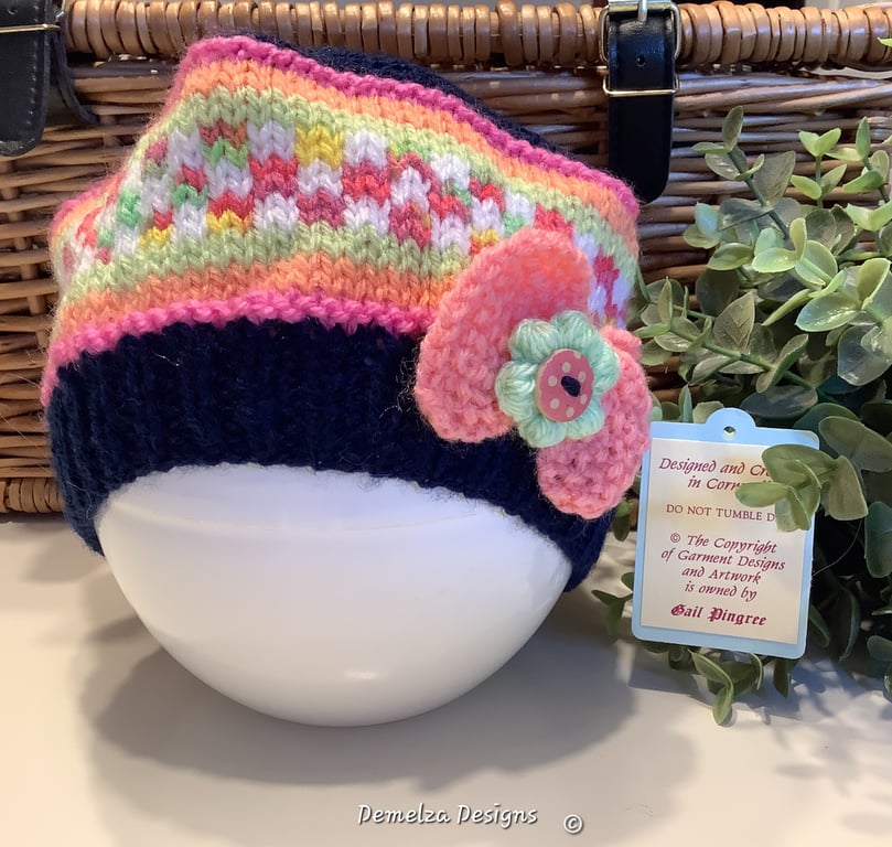 Designer Hand Knitted Fairisle Girl's Beret Style Hat  1 - 2 years size 