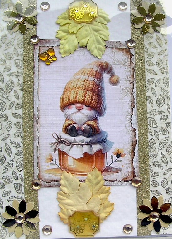 Yellow Honey Gnome - Hand Crafted 3D Decoupage Greeting Card - Blank - 2682