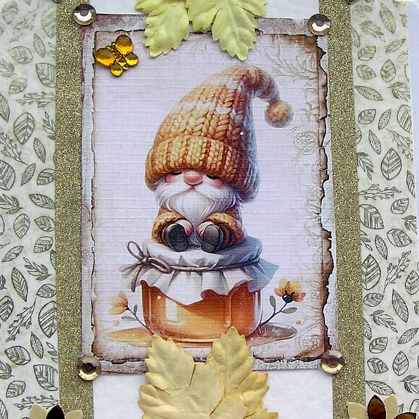 Yellow Honey Gnome - Hand Crafted 3D Decoupage Greeting Card - Blank - 2682