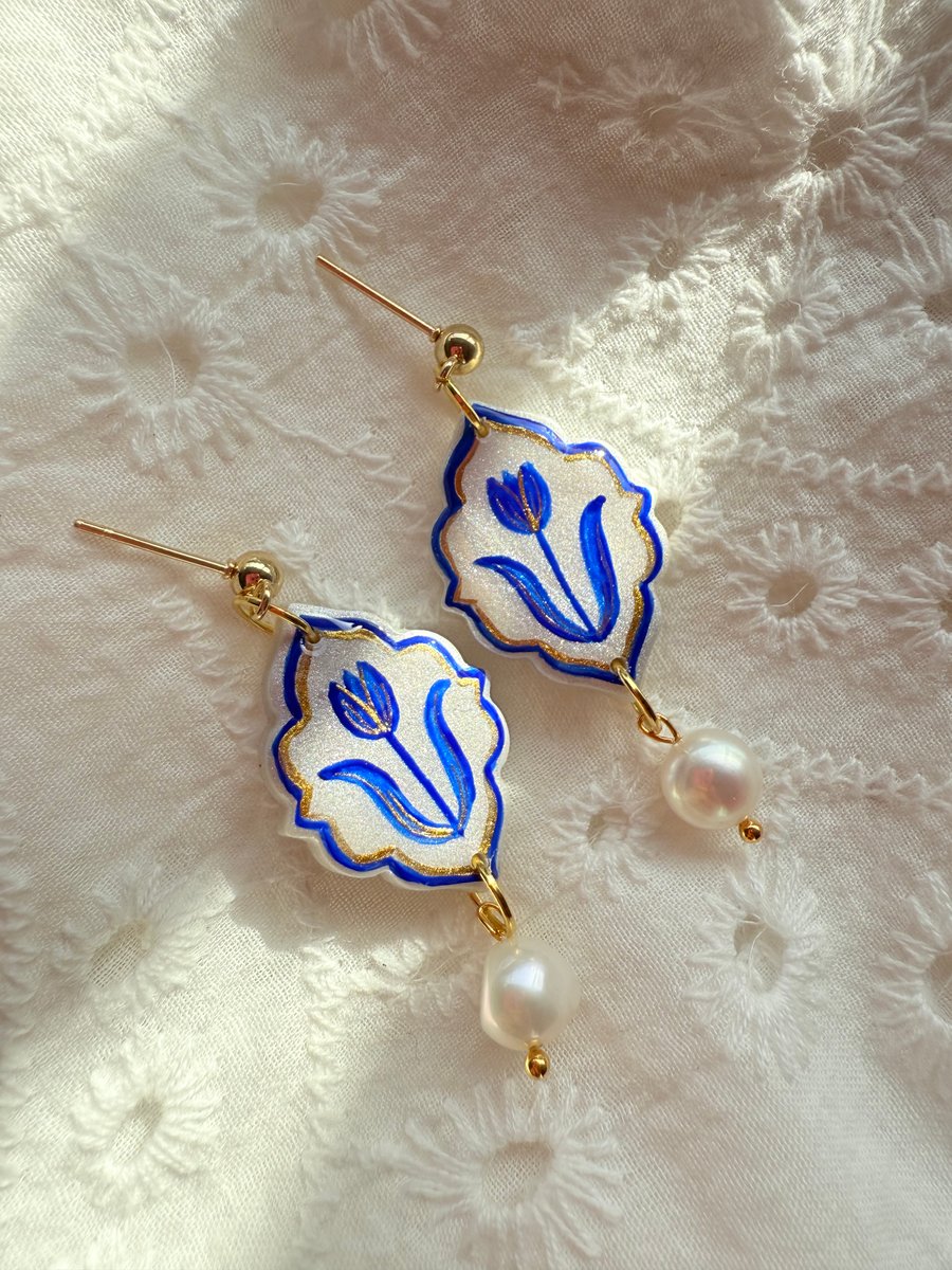 Hand Painted Blue Tulip Tile Earrings with Freshwater Pearl - FREE SHIPPING