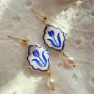 Hand Painted Blue Tulip Tile Earrings with Freshwater Pearl - FREE SHIPPING