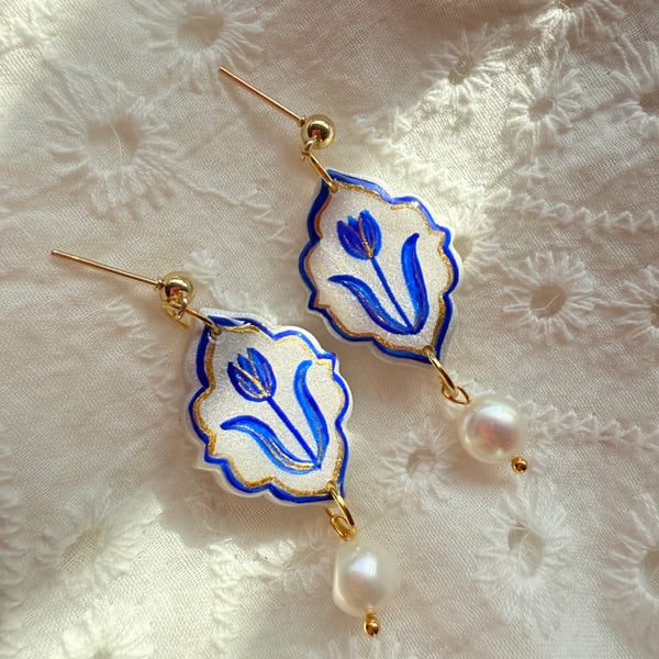Hand Painted Blue Tulip Tile Earrings with Freshwater Pearl - FREE SHIPPING