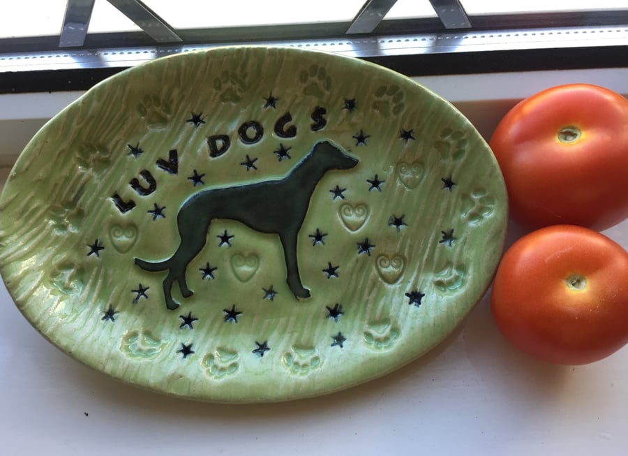 Small dish featuring a whippet.