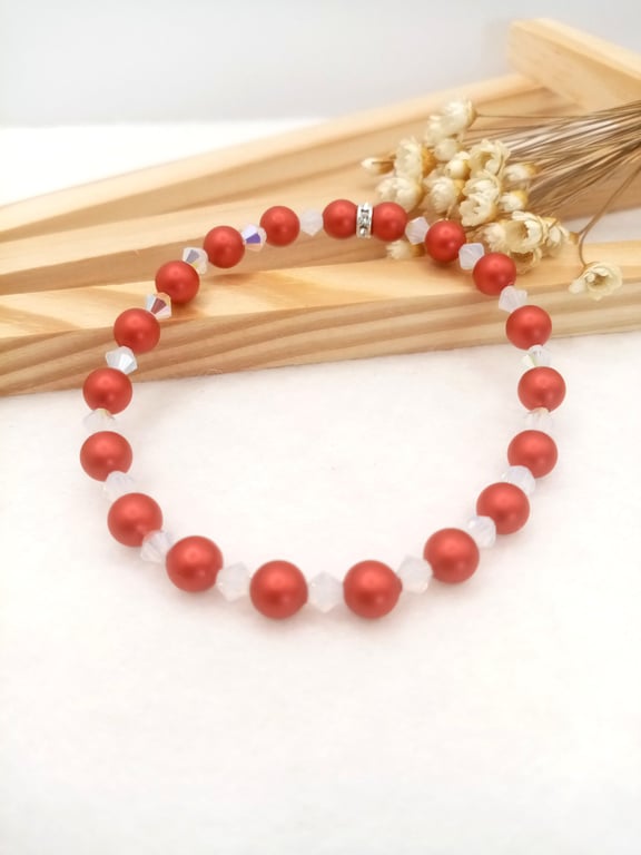 Pearl Bracelet - Red & White Austrian Crystal Pearl Stretch Bracelet 