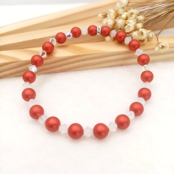 Pearl Bracelet - Red & White Austrian Crystal Pearl Stretch Bracelet 