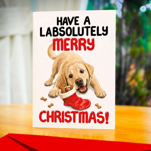 Labrador Christmas Card – Labsolutely Merry Christmas – Yellow Lab