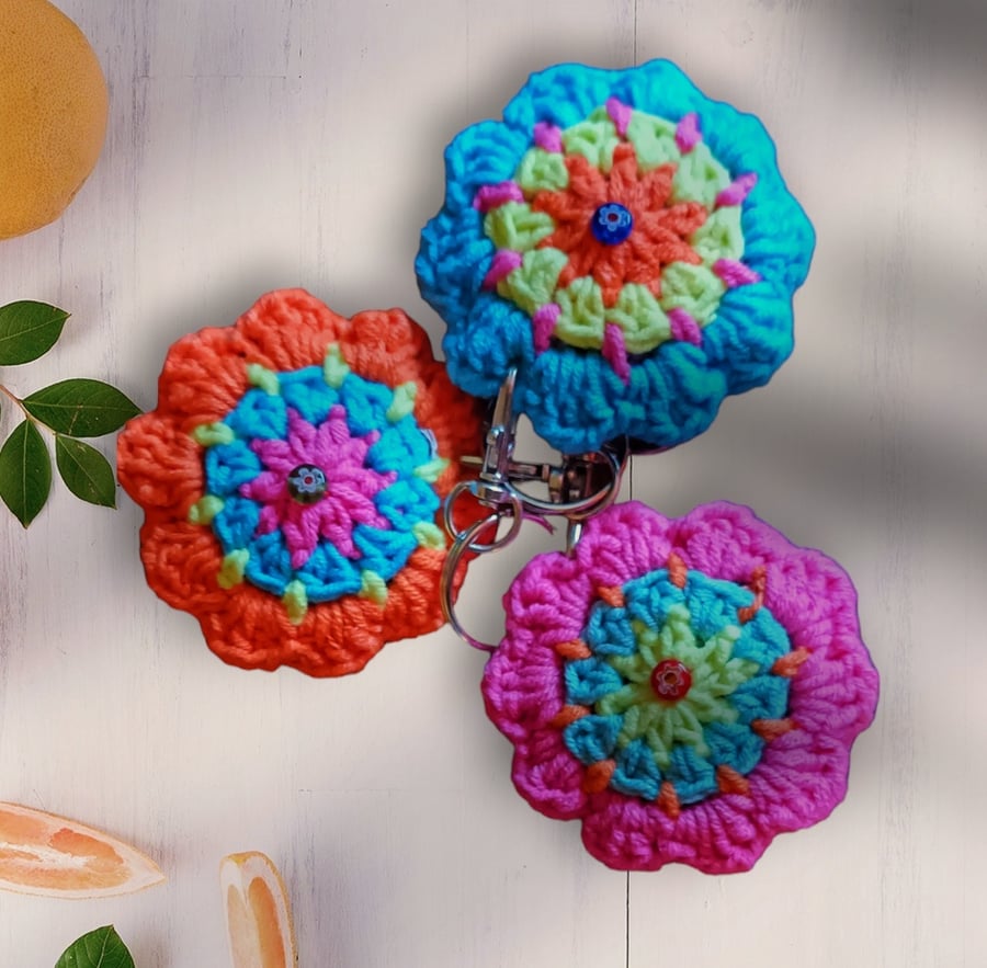 Colourful crochet flower keyrings