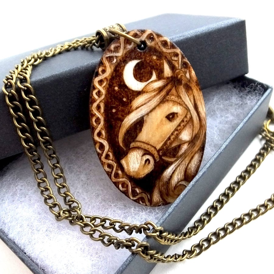 A Viking Horse Hand Burned Wooden Pyrography Pendant Necklace