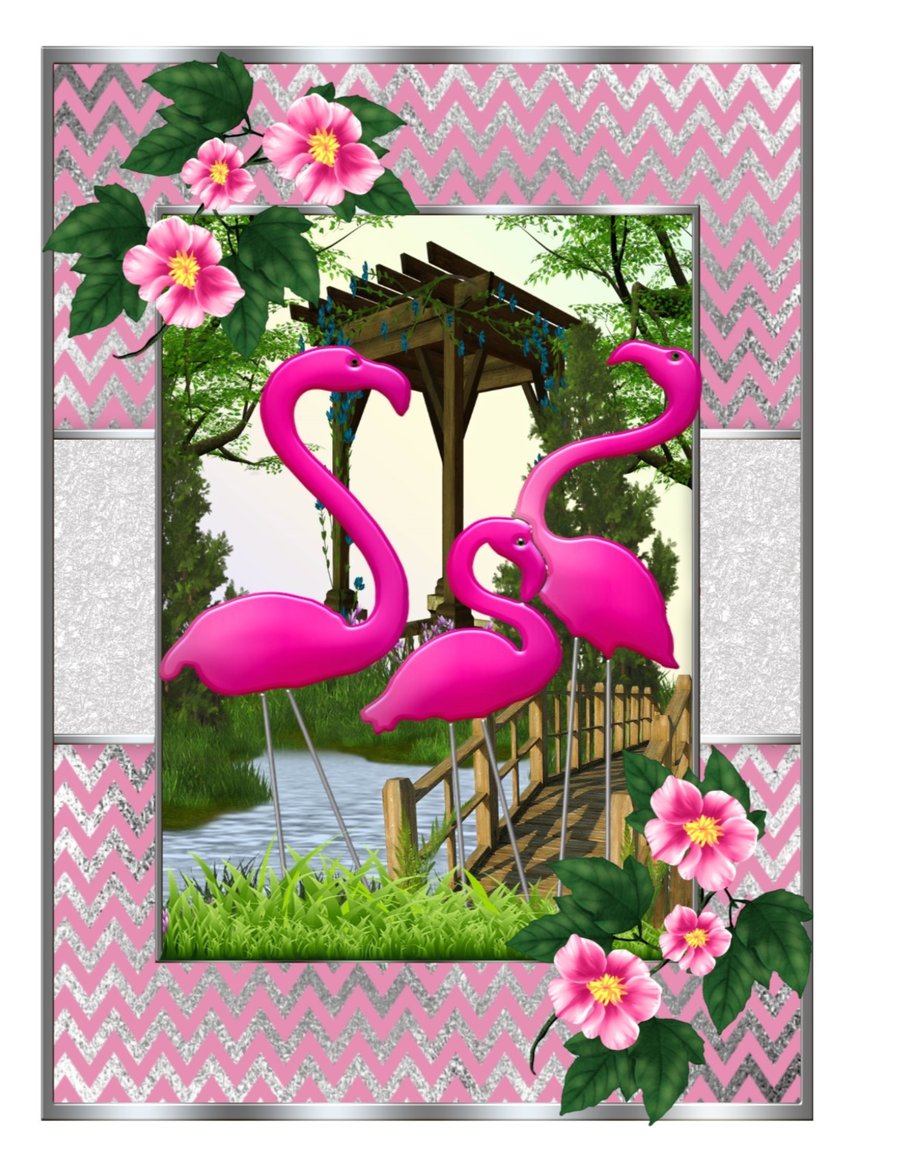 Flamingos in Japanese garden - Birthday, Retirement, Thank You