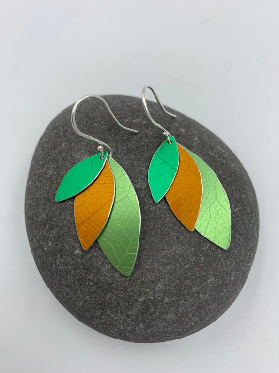 Aluminium layered parrot wing earrings green and orange
