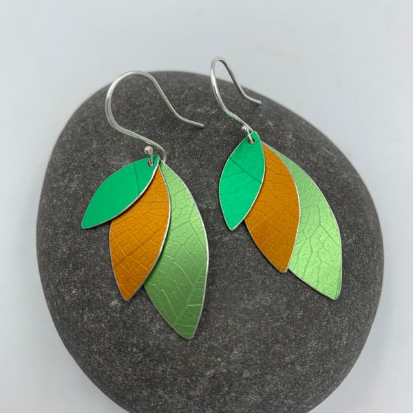 Aluminium layered parrot wing earrings green and orange