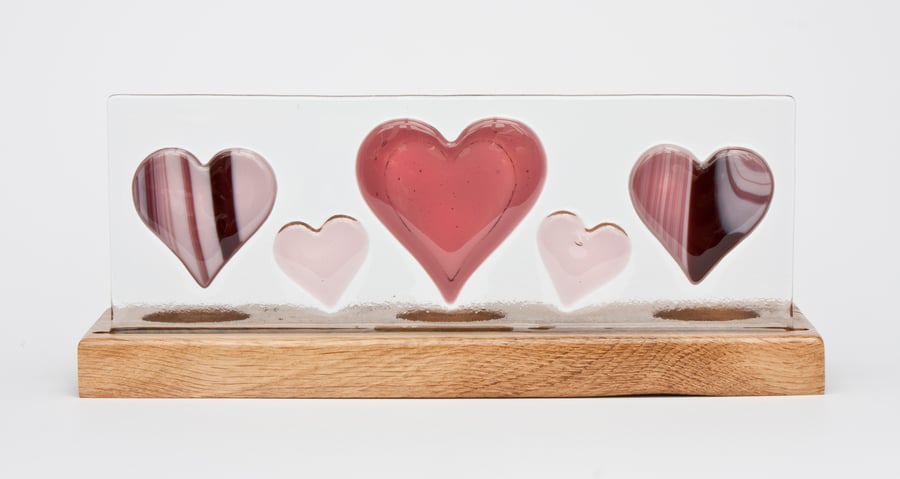 Pink Hearts - Fused Glass Panel set in Oak Tealight Holder