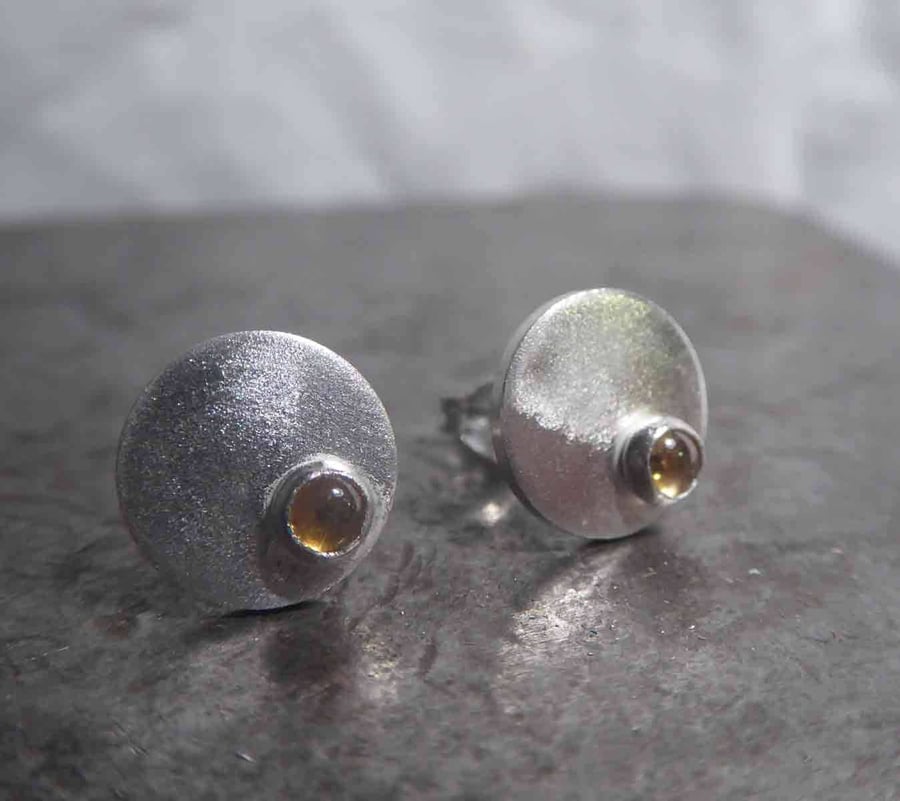 Yellow citrine stud earrings in sterling silver 925, round citrine earstud