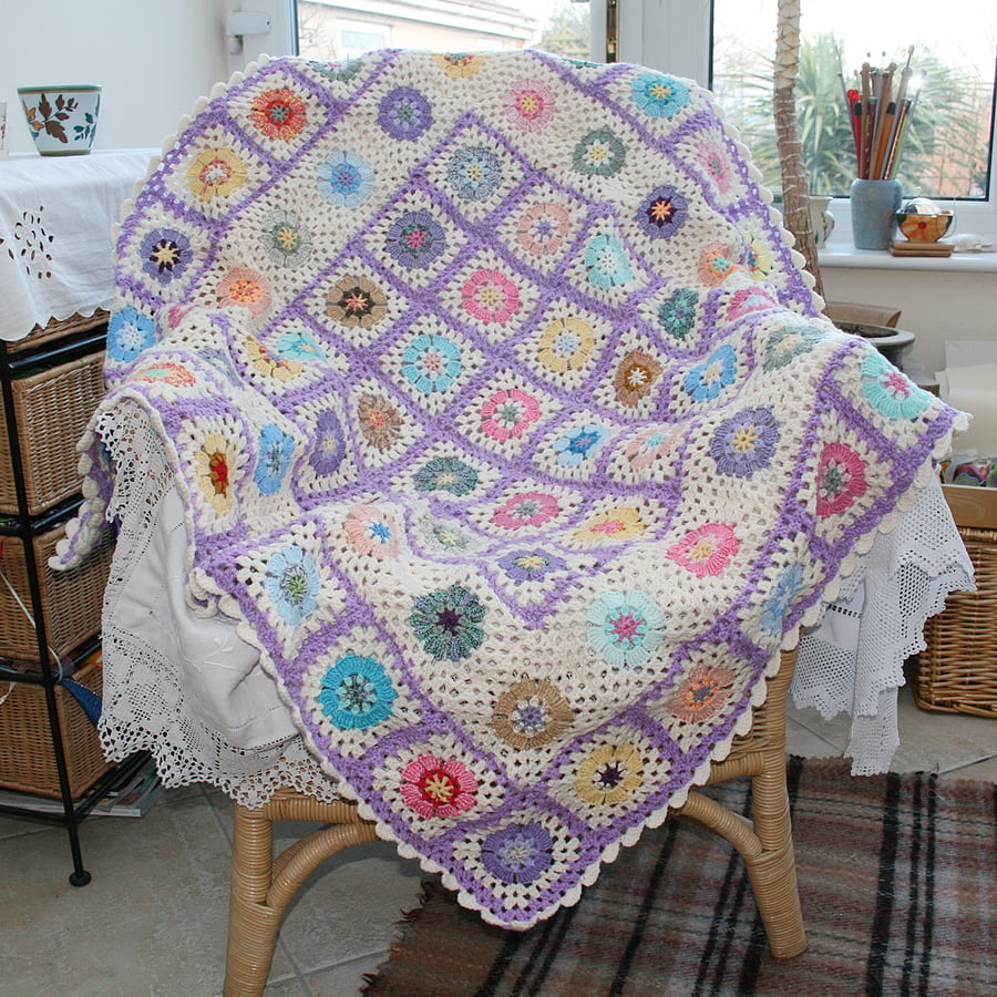 SALE - Tradtional Blanket - cream, lilac and multi crochet