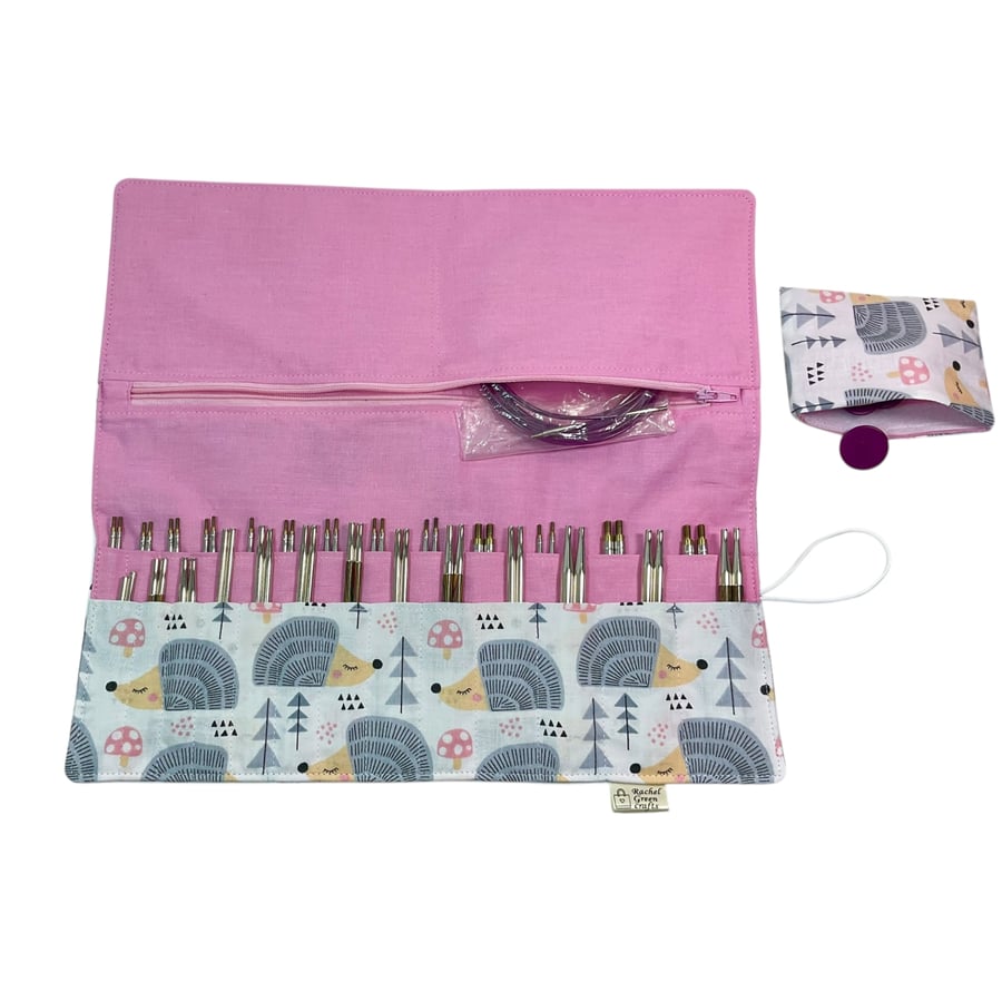 Interchangeable knitting needle case with hedgehogs, holds 2 sets,